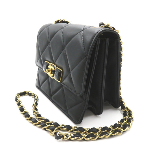 Vintage Chanel Black Lambskin Chain Shoulder Bag Gold