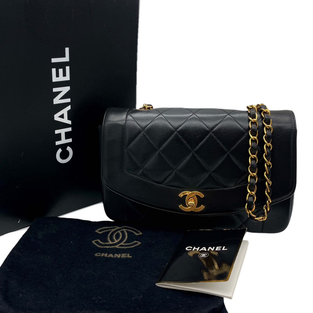 Vintage Chanel Diana 22Cm Black Gold Lambskin Flap Bag