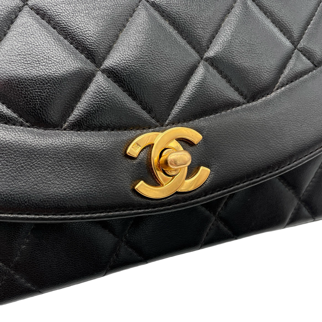 Vintage Chanel Diana 22Cm Black Gold Lambskin Flap Bag