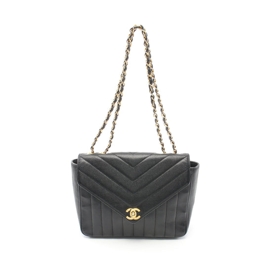 Vintage Chanel Chevron V-Stitch Mademoiselle Bag Black Caviar