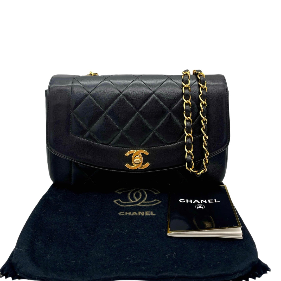 Vintage Chanel Diana 22Cm Black Gold Lambskin Flap Bag