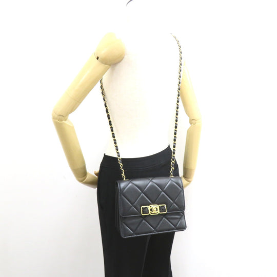 Vintage Chanel Black Lambskin Chain Shoulder Bag Gold